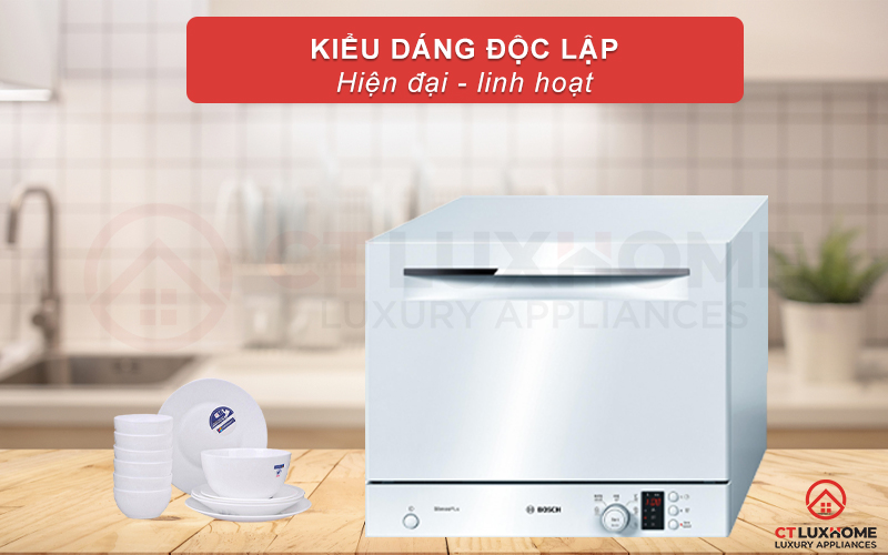 Máy rửa bát mini Bosch SKS62E12EU có thiết kế độc lập linh hoạt, kiểu dáng mini nhỏ gọn