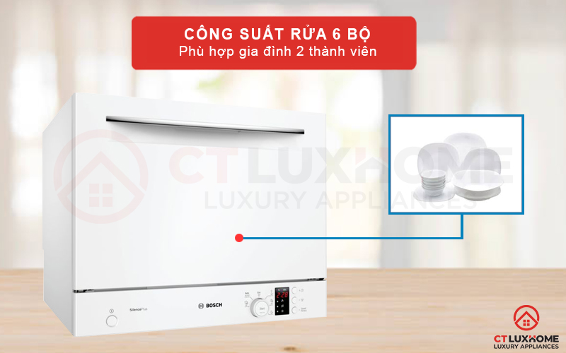 Công suất rửa tối đa 6 bộ đồ ăn Châu Âu phù hợp với gia đình 2 thành viên