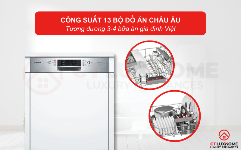 Công suất rửa tối đa của máy lên tới 13 bộ đồ ăn Châu Âu