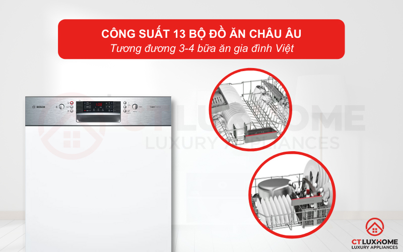 Công suất rửa tối đa của máy lên tới 13 bộ đồ ăn Châu Âu