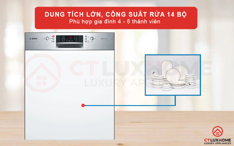 Máy rửa bát Bosch SMI46MS03E với dung tích lớn phù hợp với gia đình 4-6 thành viên