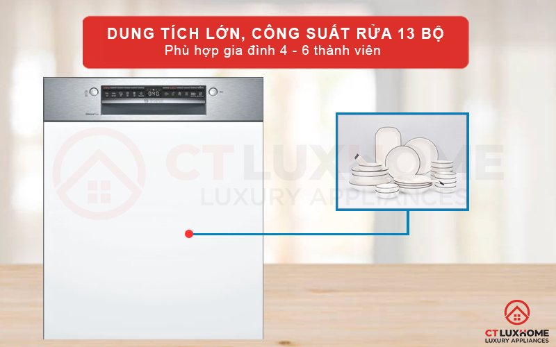 Dung tích rửa tối đa 13 bộ đồ ăn Châu u tương đương với 3 - 4 bữa ăn Việt