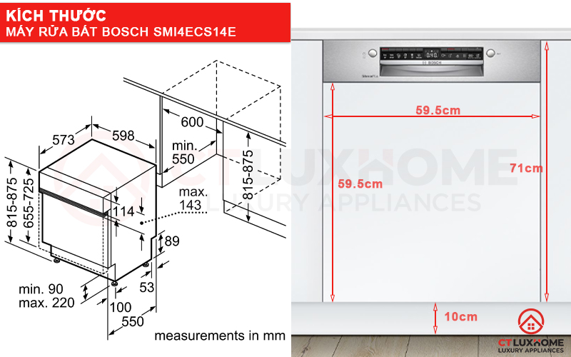 Kích thước máy rửa bát Bosch SMI4ECS14E và tấm ốp gỗ.