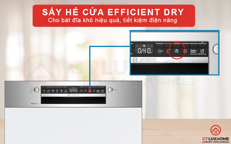 Sấy hé cửa Efficient Dry giúp bát đĩa khô tự nhiên và tiết kiệm điện năng