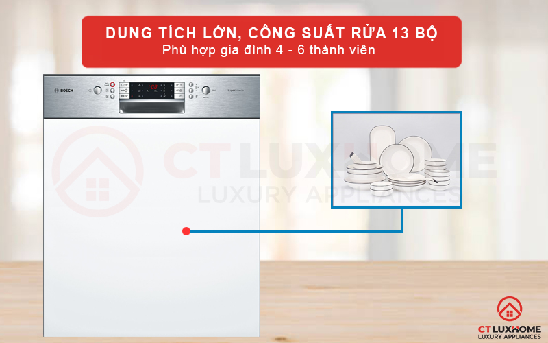 Dung tích lớn với công suất rửa 13 bộ đồ ăn phù hợp với các gia đình đông người