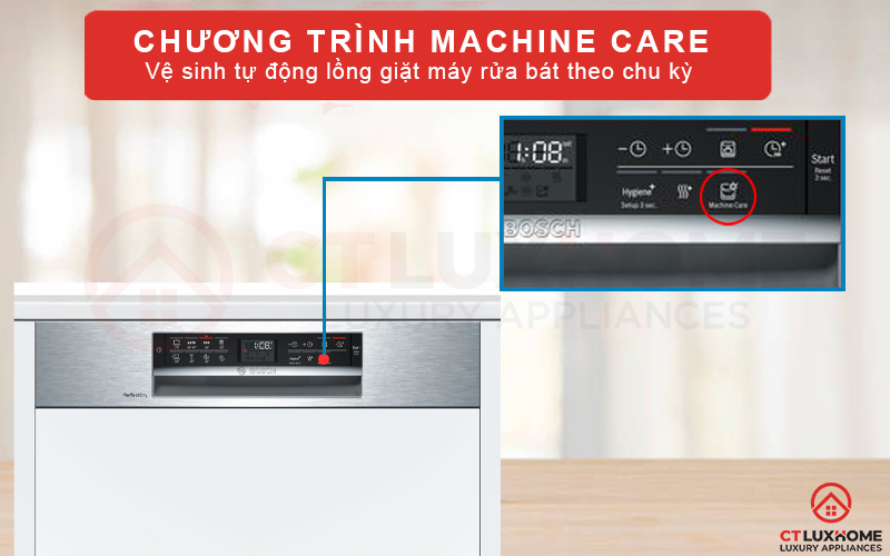 Máy rửa bát Bosch SMI68MS04E có khả năng vệ sinh tự động với chương trình Machine Care