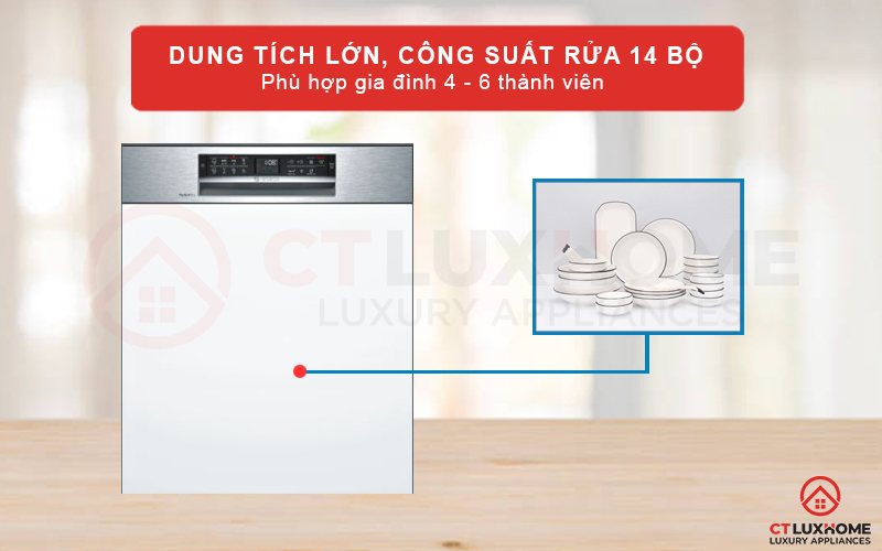 Máy rửa bát Bosch SMI68MS04E có dung tích lớn, công suất rửa 14 bộ đồ ăn châu Âu