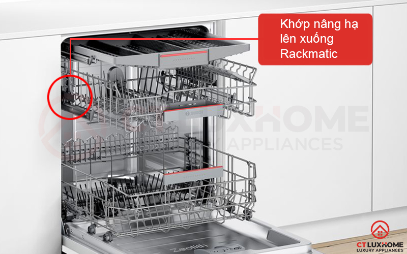 Máy rửa bát Bosch SMI68MS04E được lắp đặt khớp nâng hạ Rackmatic linh hoạt