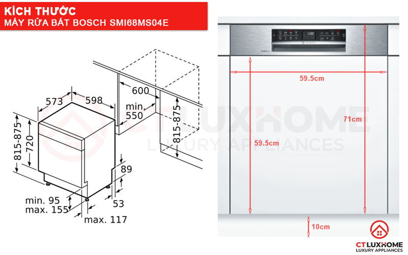Kích thước máy rửa bát Bosch SMI68MS04E và tấm ốp gỗ.