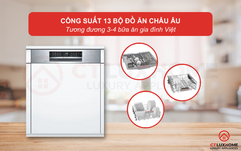 Công suất rửa của máy rửa bát Bosch SMI68MS07E serie 6 có thể đạt tối đa 13 bộ đồ ăn Châu Âu