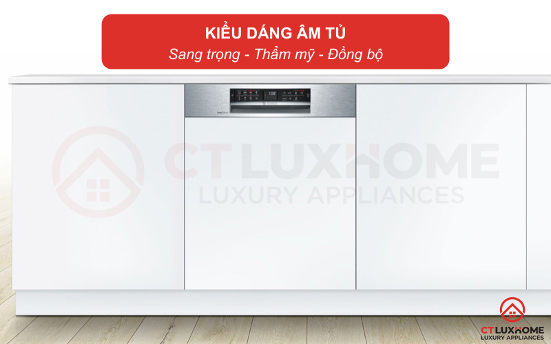 Kiểu dáng bán âm của máy rửa bát Bosch SMI68MS07E mang đến sự sang trọng, thẩm mỹ cho gian bếp