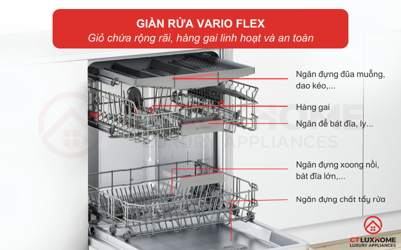 Hệ thống giỏ chứa VarioFlex rộng rãi, dễ dàng điều chỉnh để tối đa hoá không gian chứa