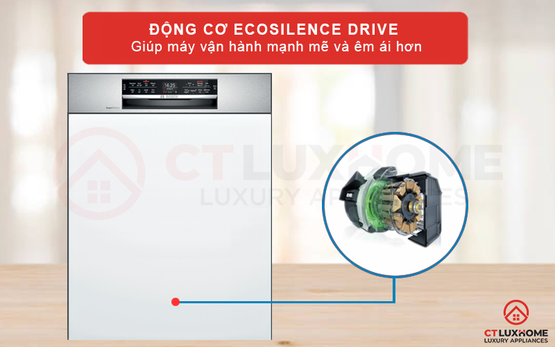 Độ ồn của máy rửa bát Bosch SMI68NS06G đạt mức tiêu chuẩn nhờ động cơ EcoSilence Drive