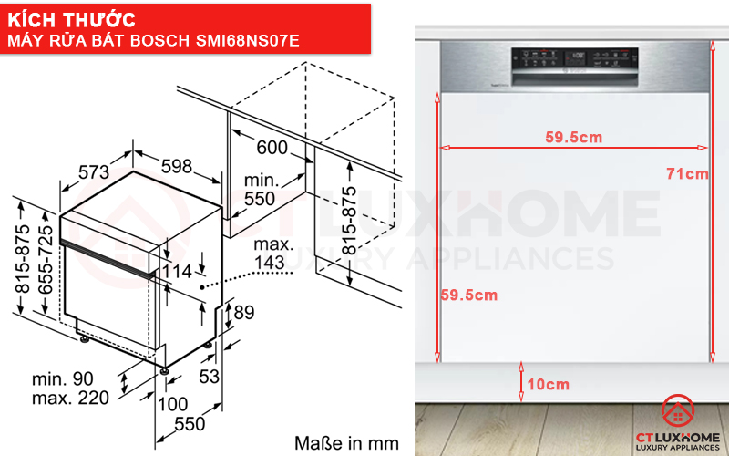 Kích thước máy rửa bát Bosch SMI68NS07E và tấm ốp gỗ