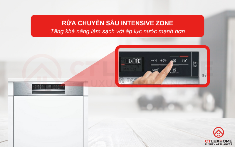 Tính năng Intensive Zone tăng áp lực rửa giàn dưới cùng của máy rửa bát Bosch SMI68NS07E