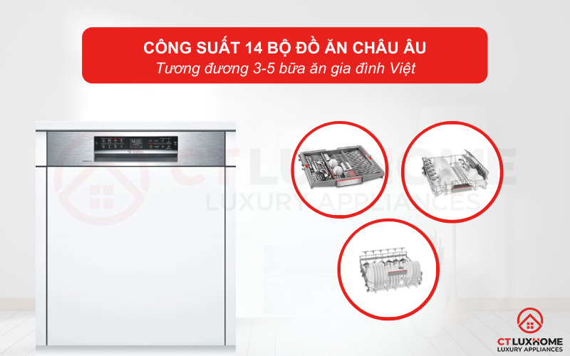 Công suất rửa tối đa của máy lên tới 14 bộ đồ ăn Châu Âu