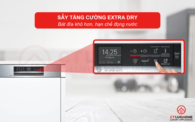 Tính năng sấy tăng cường Extra Dry trên máy rửa chén Bosch SMI68TS06E