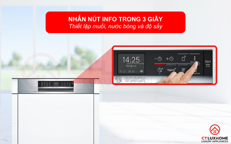 Nhấn giữ nút Info trong 3 giây để điều chỉnh muối, nước bóng và độ sấy