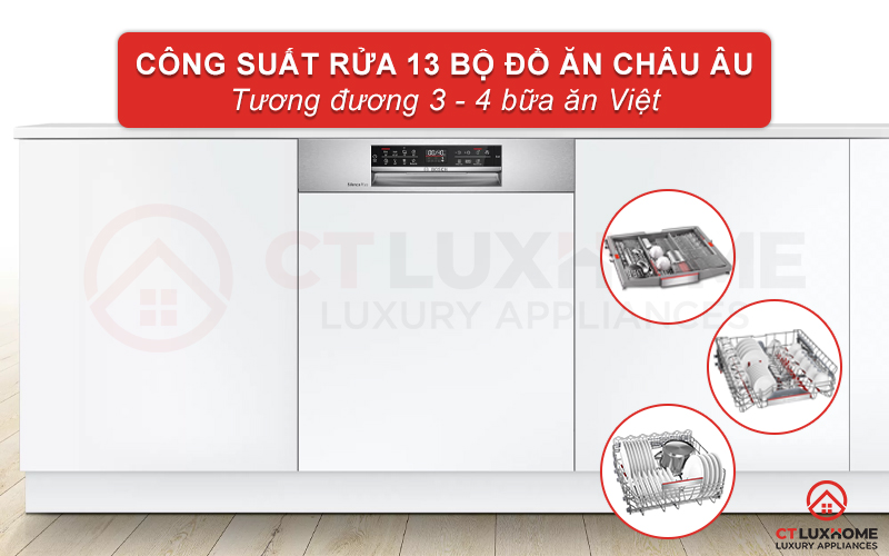 Máy rửa bát Bosch SMI6EDS57E có công suất rửa lớn nhất, lên tới 13 bộ bát đĩa Châu Âu