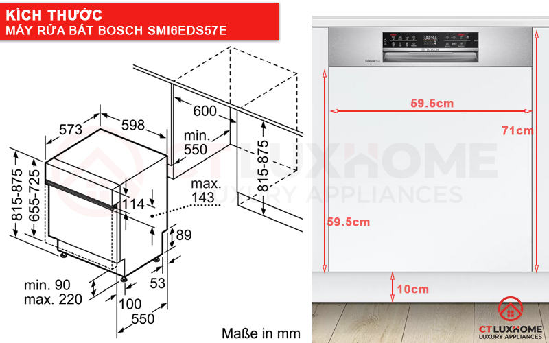 Kích thước máy rửa bát Bosch SMI6EDS57E và tấm ốp gỗ