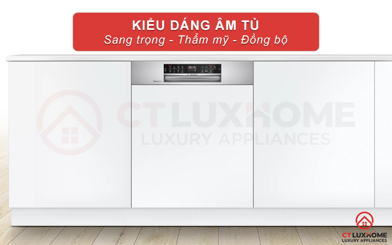 Thiết kế âm tủ, máy rửa bát bán âm Bosch SMI6EDS57E serie 6 có thể lắp đặt tại những vị trí có sẵn hộc tủ