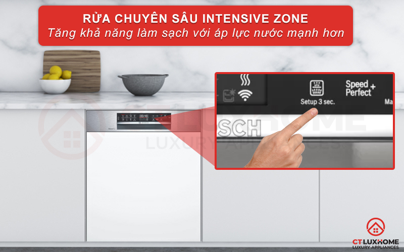 Chức năng rửa chuyên sâu Intensive Zone giúp rửa sạch nồi chảo đánh bay dầu mỡ