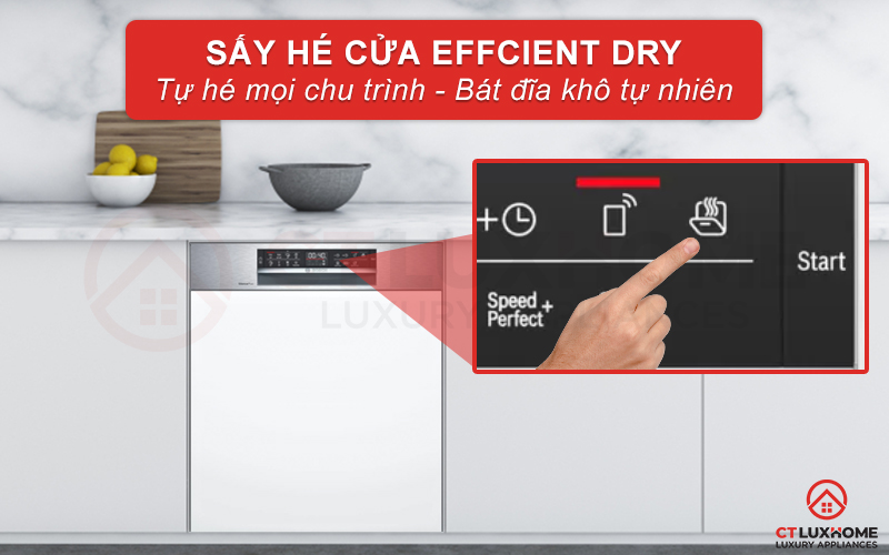 Sấy hé cửa Efficient Dry giúp bát đĩa khô hiệu quả, tiết kiệm điện hơn