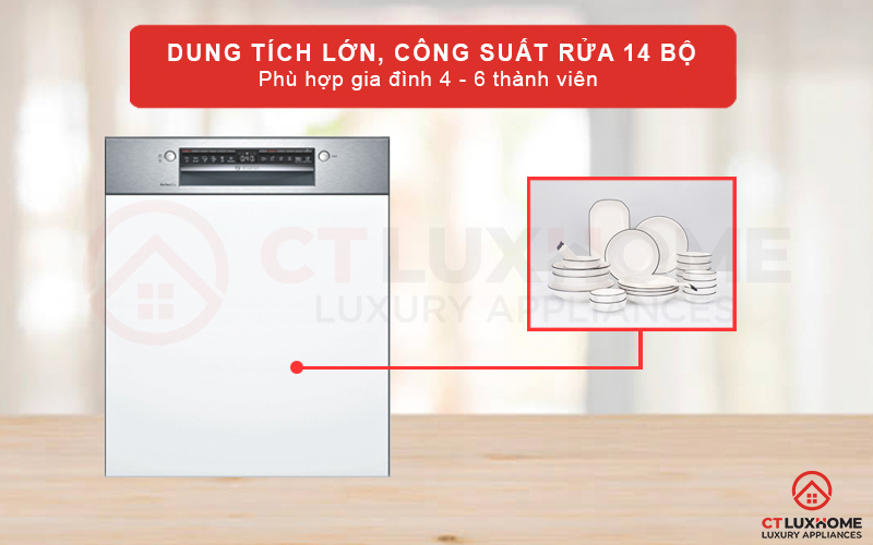Máy rửa bát Bosch SMI6ZCS07E có dung tích chứa lớn, rửa tối đa 14 bộ đồ ăn châu  u