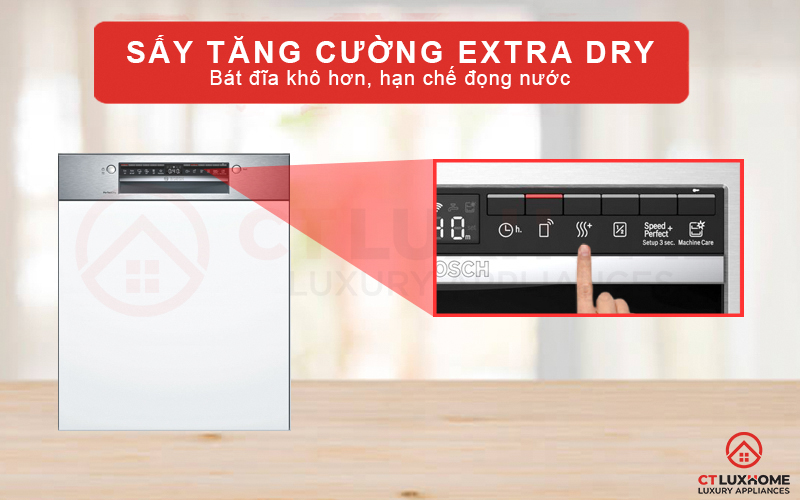 Hạn chế đọng nước trên bát đĩa với tính năng sấy tăng cường trong máy rửa bát Bosch SMI6ZCS07E