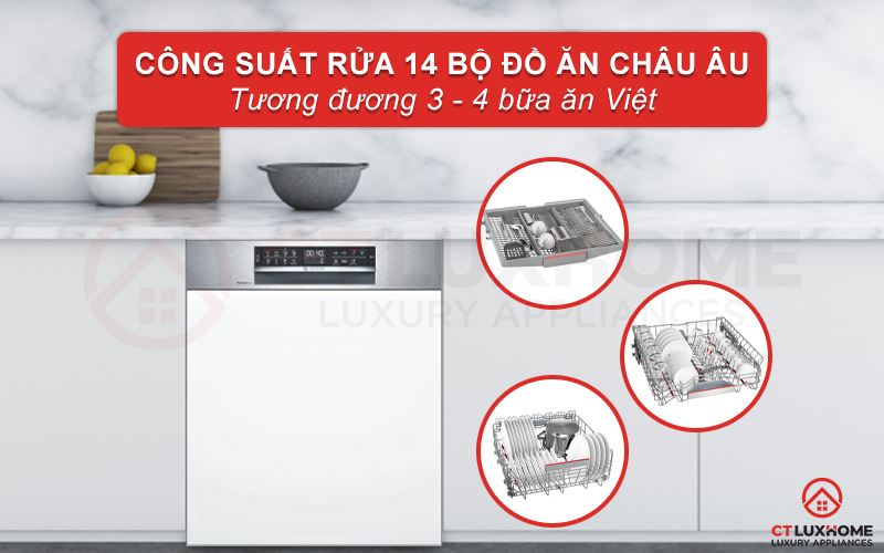 Máy rửa chén Bosch SMI6ZCS49E có thể rửa tối đa 14 bộ đồ ăn châu Âu.