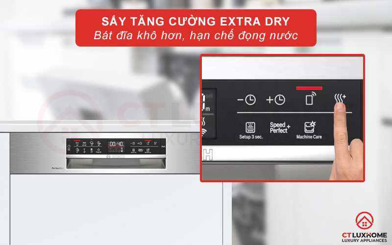 Sấy tăng cường Extra Dry giúp bát đĩa khô hơn.