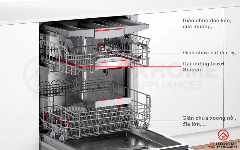 Rổ chứa MaxFlex rộng rãi, linh hoạt với các hàng gai.