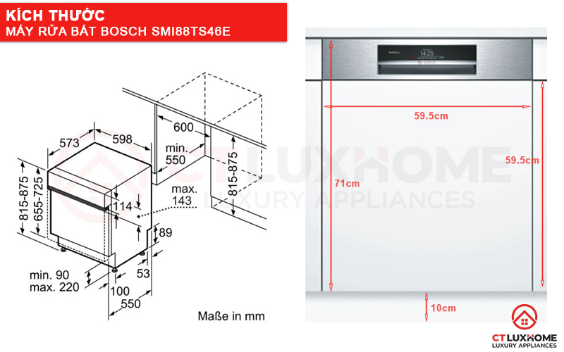 Kích thước máy rửa bát Bosch SMI88TS46E serie 8 phù hợp với nhiều dàn tủ bếp
