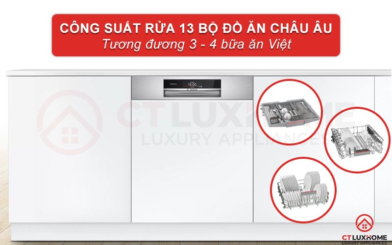 Máy rửa bát Bosch SMI88US36E serie 8 có công suất rửa lên đến 13 bộ đồ ăn Châu Âu