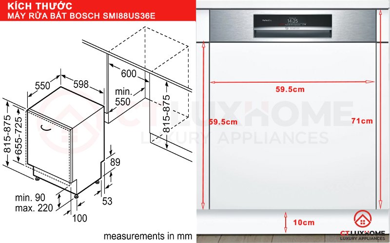 Kích thước máy rửa bát Bosch SMI88US36E và tấm ốp gỗ