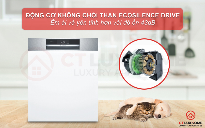 Độ ồn của máy rửa chén Bosch SMI8YCS01E ở mức thấp nhờ động cơ EcoSilence Drive.