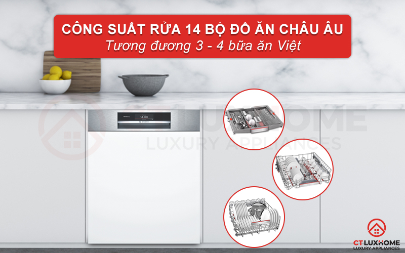 Công suất của máy rửa bát âm tủ SMI8YCS03E lên đến 14 bộ đồ ăn Châu Âu