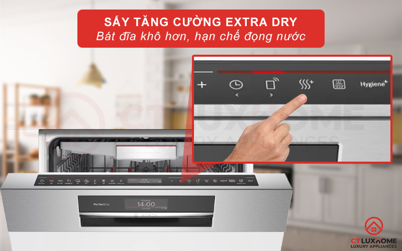 Sấy tăng cường Extra Dry cho bát đĩa khô hơn, hạn chế đọng nước