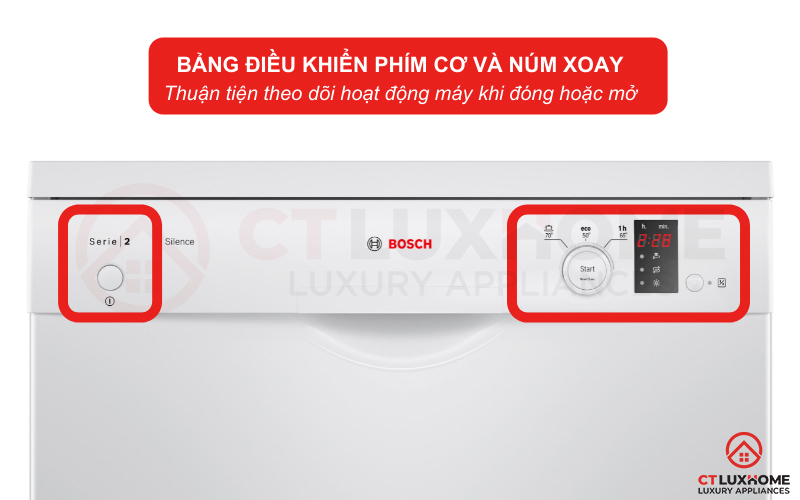 Máy rửa bát Bosch SMS23BW01T Serie 2 sử dụng bảng điều khiển phím cơ và núm xoay sắc nét