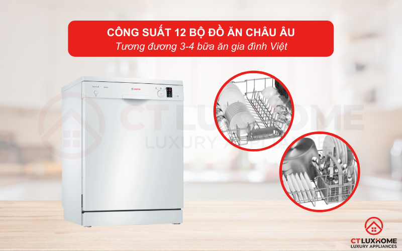 Công suất rửa của máy rửa bát Bosch SMS23BW01T Serie 2 có thể đạt tối đa 12 bộ đồ ăn