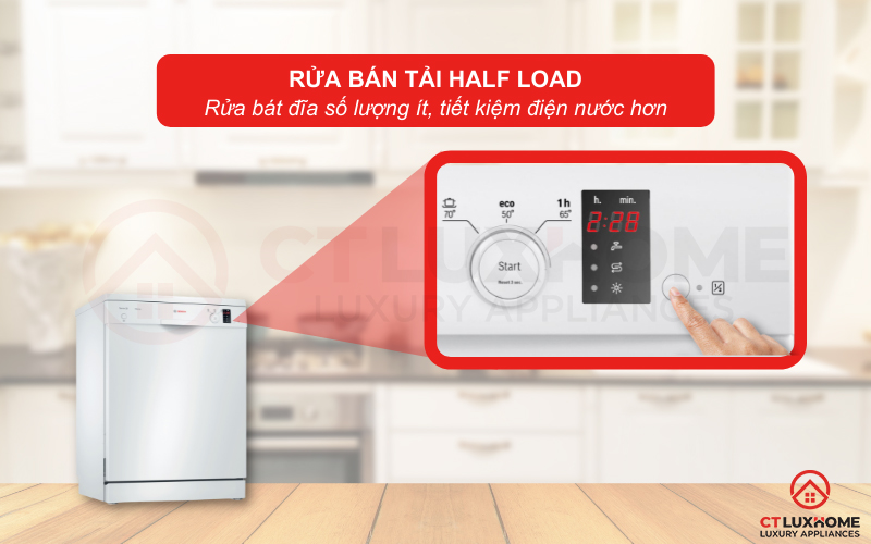 Sử dụng tính năng rửa nửa tải Half Load khi số lượng bát đĩa ít