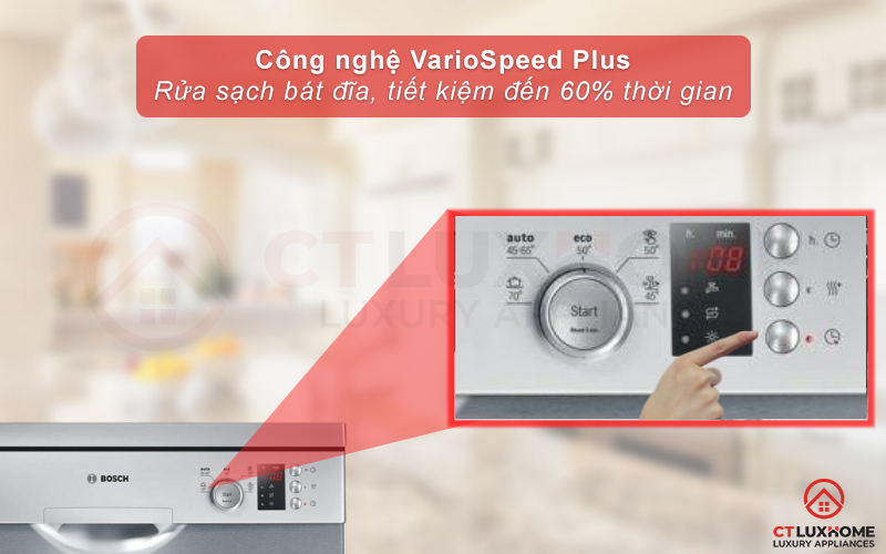 Tính năng VarioSpeed Plus giúp tiết kiệm tối đa thời gian rửa bát