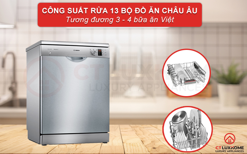 Công suất rửa tối đa của máy rửa bát Bosch SMS25DI05E là 13 bộ đồ ăn.