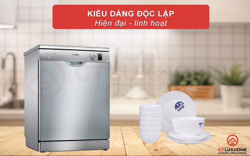 Máy rửa bát Bosch SMS25DI05E có kiểu dáng đứng độc lập chắc chắn và linh hoạt