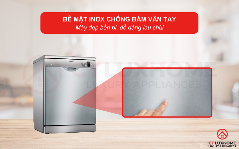 Bề mặt inox chống bám vân tay của máy rửa bát Bosch SMS25EI00G