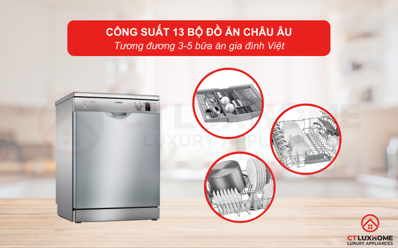 Công suất rửa có thể đạt tối đa 13 bộ đồ ăn Châu Âu