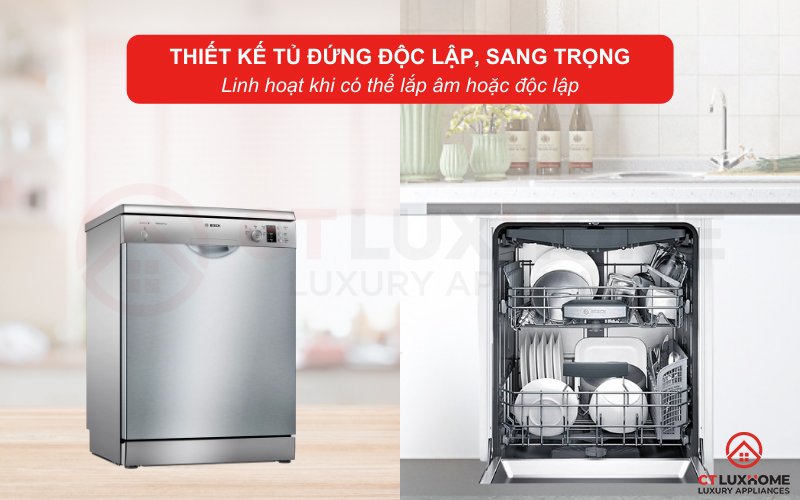 Máy rửa bát Bosch SMS25EI00G serie 4 có kiểu dáng độc lập sang trọng và thẩm mỹ