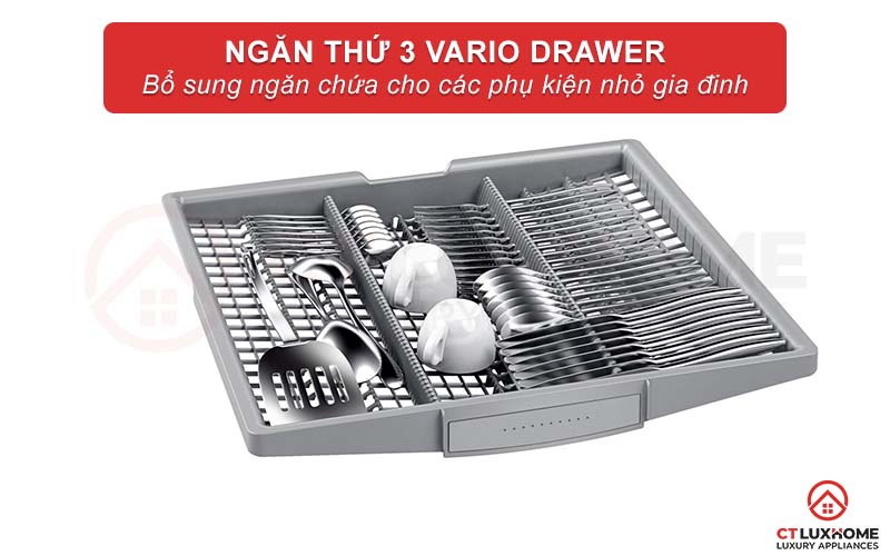 Ngăn chứa Vario 3 tăng diện tích chứa đồ cho máy rửa bát Bosch SMS25KI00E serie 2
