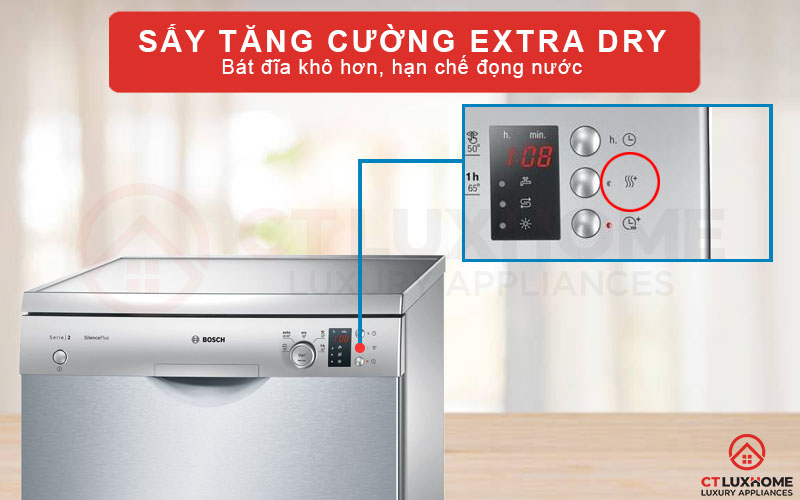 Sấy tăng cường Extra Dry mang lại hiệu quả sấy vượt trội giúp bát đĩa khô hoàn toàn