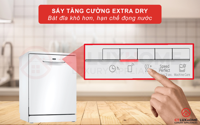 Tính năng sấy tăng cường Extra Dry bát đĩa khô hơn, hạn chế đọng nước